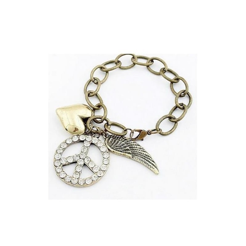 Pulsera para mujer con símbolo de la paz en acero color bronce envejecido y cristales