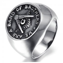Anillo masón de acero inoxidable con baño de oro blanco y sello redondo de 1,8 cm