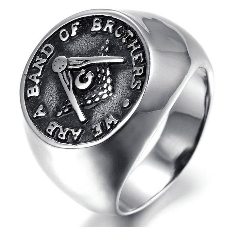 Anillo masón de acero inoxidable con baño de oro blanco y sello redondo de 1,8 cm