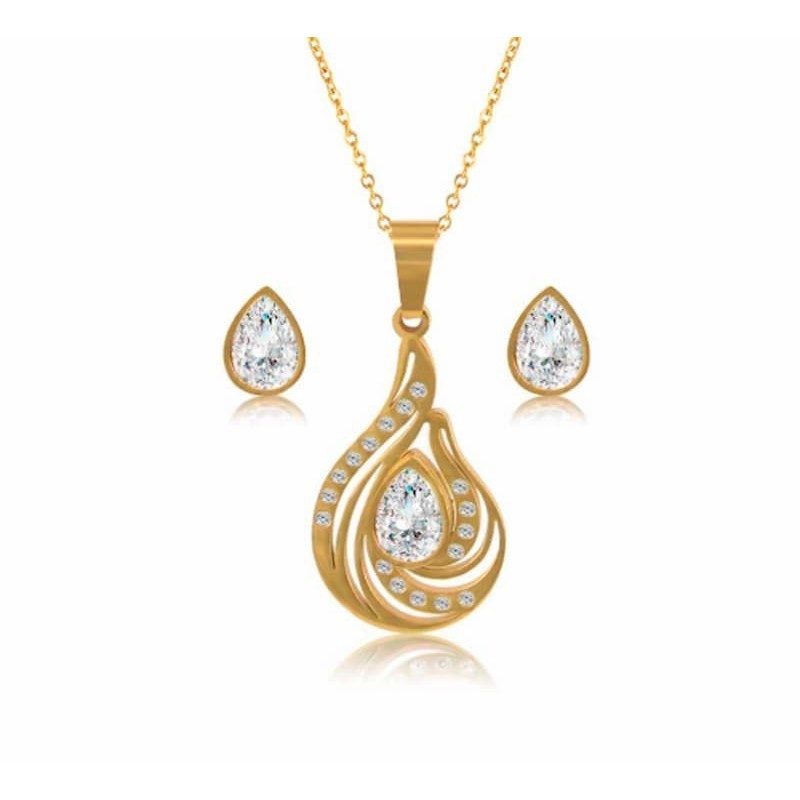 Set de bisutería de collar y pendientes de acero con acabado dorado y circonias cúbicas