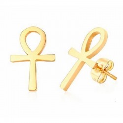 Pendientes pequeños de acero chapado en oro con diseño de cruz egipcia o Ankh