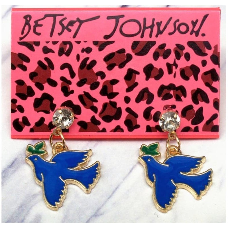 Pendientes de la marca Betsey Johnson con diseño de paloma de la paz en dorado y esmalte