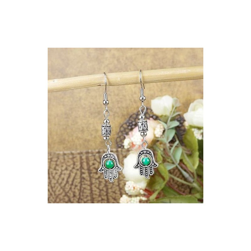 Pendientes largos de acero con baño de plata envejecida, diseño de la Mano de Fátima con perla verde