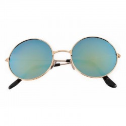 Gafas de sol unisex estilo retro, con lentes espejadas de color azul, montura negra, sobre fondo blanco