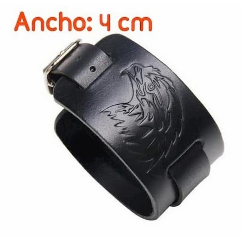 Brazalete ancho de piel con hebilla y relieve decorativo de cabeza de águila