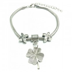 Pulsera de acero con baño de plata envejecida y colgante decorativo en forma de trébol