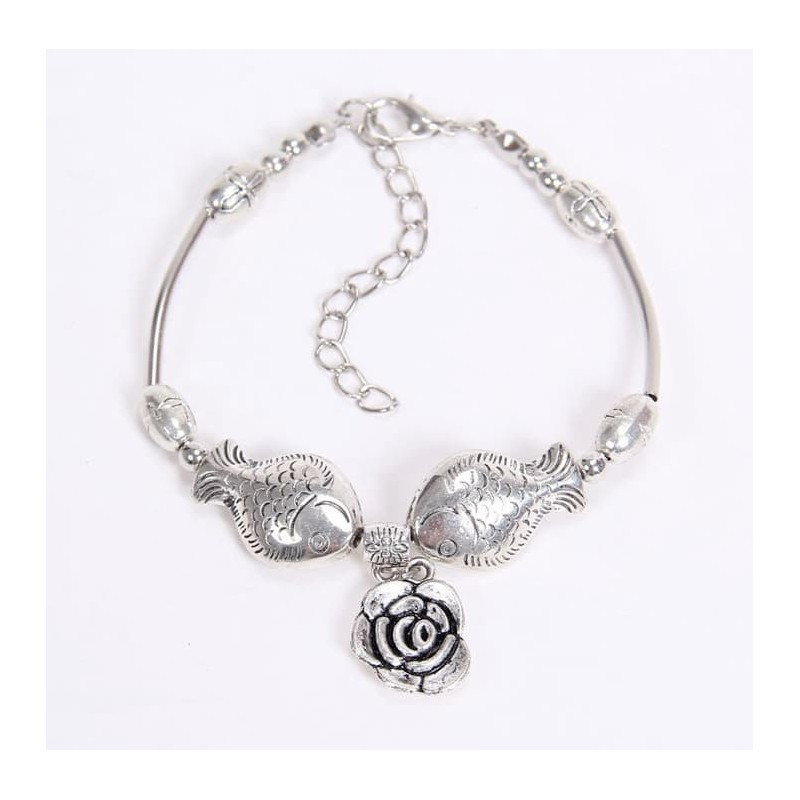 Pulsera de acero bañado en plata con colgante decorativo en forma de dos peces