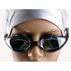 Gafas de natación graduadas para miopes, color azul y blanco, con 3 dioptrías de graduación, sobre fondo blanco