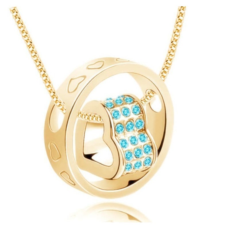 Collar de mujer con acabado en baño de oro de 9k y colgante decorado con piedras de cristal azul brillante.