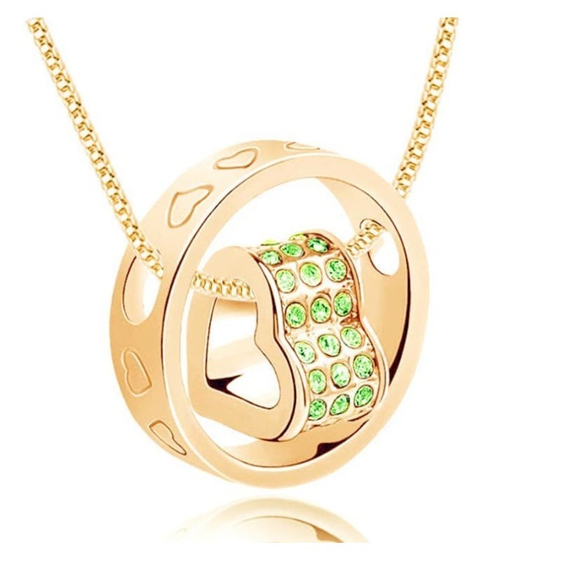 Collar de mujer con acabado en baño de oro de 9k y colgante circular con piedras de cristal verde.