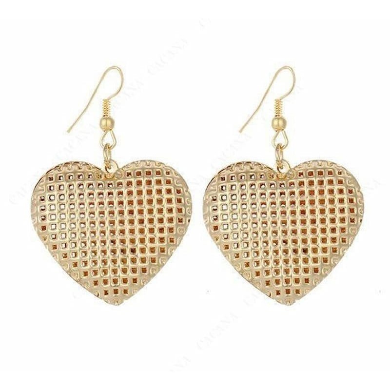 Pendientes colgantes dorados para fiesta con forma de corazón en acero inoxidable, bisutería elegante para eventos.
