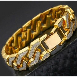 Brazalete ancho de estilo Hip Hop con incrustaciones de cristales blancos brillantes, eslabones tipo cadena urbana.