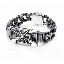 Brazalete de eslabones anchos en acero inoxidable 316L con detalle de Cruz de Malta en relieve.