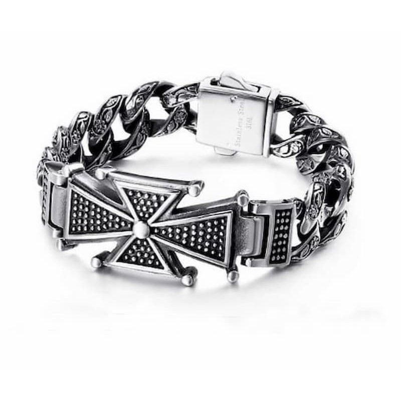 Brazalete de eslabones anchos en acero inoxidable 316L con detalle de Cruz de Malta en relieve.