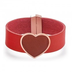 Brazalete de piel color rojo intenso con dije de corazón y cierre de seguridad para mujer.