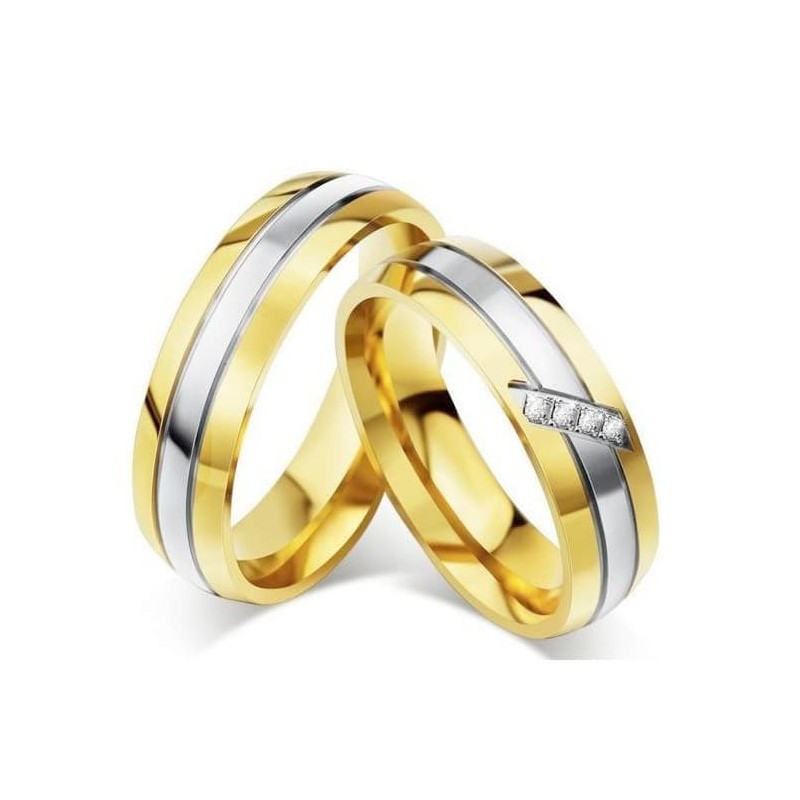 Pareja de alianzas de compromiso en acero inoxidable con baño de oro de 14 quilates, diseño elegante para parejas.