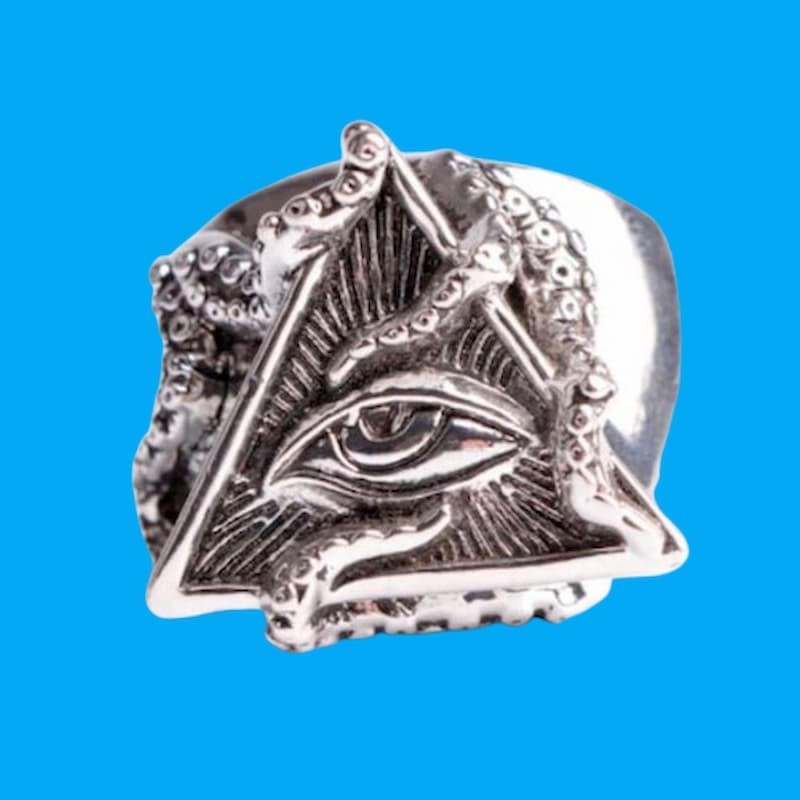 Anillo grande de acero inoxidable con diseño egipcio del Ojo de Horus y simbología Atlante, referencia.