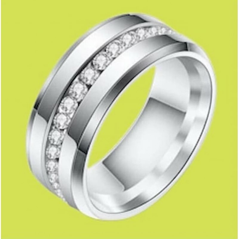 Pareja de alianzas de promesa en acero inoxidable con incrustaciones de cristales blancos brillantes.