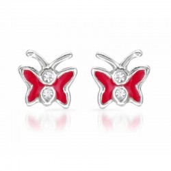 Pendientes de plata de primera ley con diseño de mariposa y acabado en esmalte de color rojo.