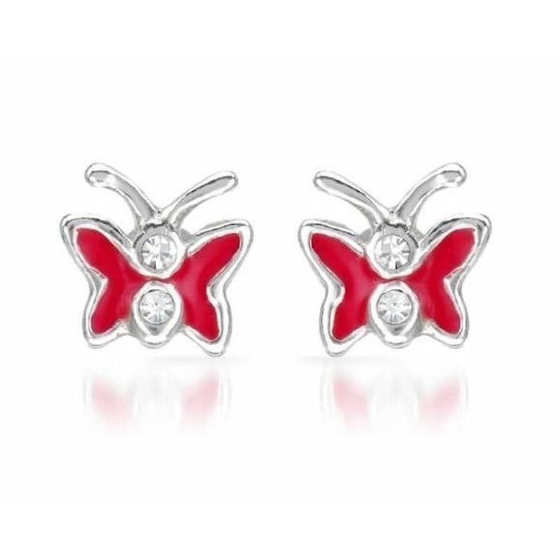 Pendientes de plata de primera ley con diseño de mariposa y acabado en esmalte de color rojo.