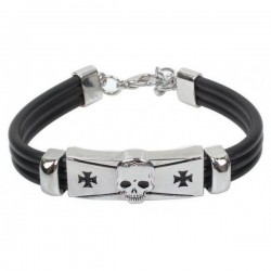 Pulsera de goma técnica negra para hombre con detalle central de calavera en acero inoxidable pulido.