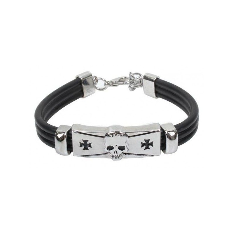 Pulsera de goma técnica negra para hombre con detalle central de calavera en acero inoxidable pulido.