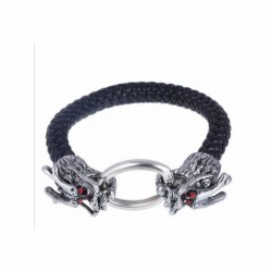 Pulsera de cuero negro trenzado para hombre con terminal en forma de cabeza de dragón detallada en acero.