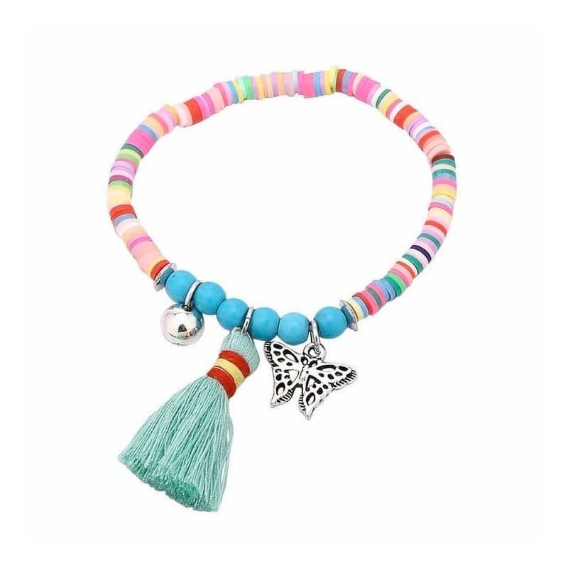 Pulsera elástica de cuentas de colores variados con detalle de borla textil en color azul intenso.