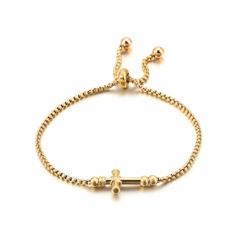 Pulsera para mujer de abalorios plateados con colgante en forma de cruz detallada.