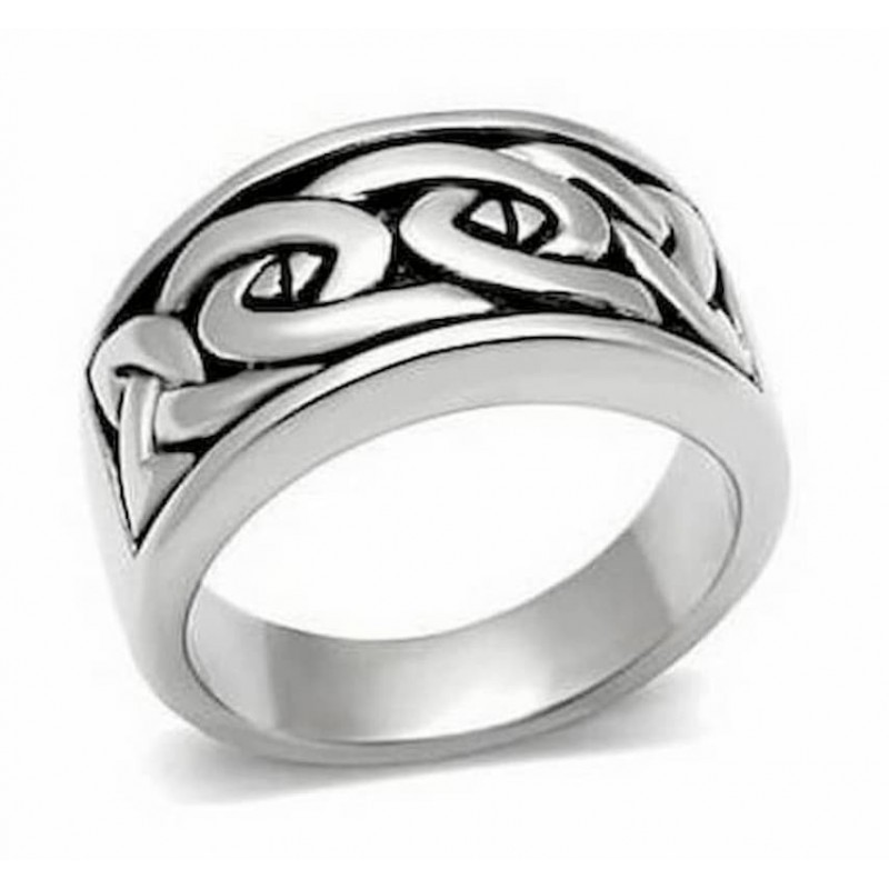 Anillo de acero inoxidable para mujer con diseño de nudo celta entrelazado y acabado pulido.