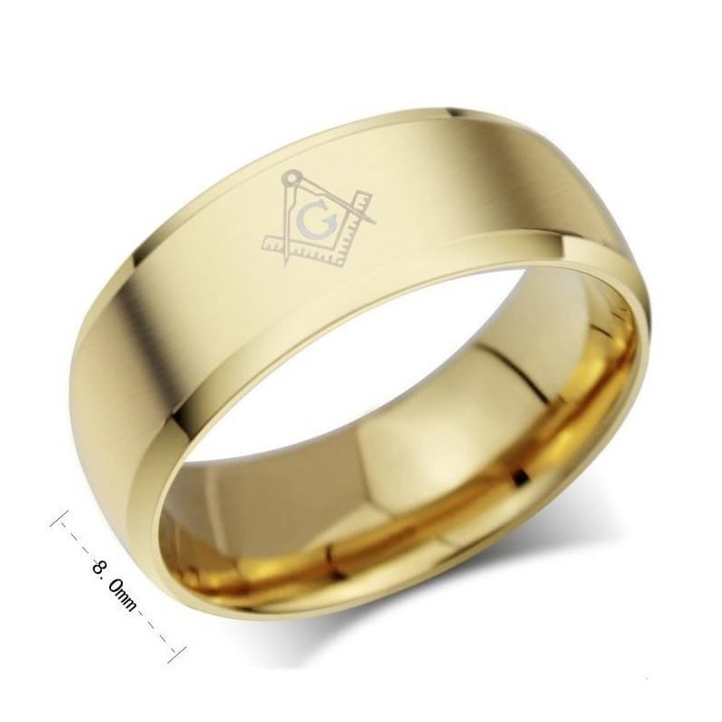 Anillo de sello para hombre en acero inoxidable dorado con el símbolo masónico de la escuadra y el compás en relieve.