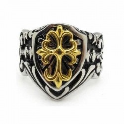 Anillo de sello para hombre en acero inoxidable con el emblema de la Cruz de Santiago en relieve dorado.