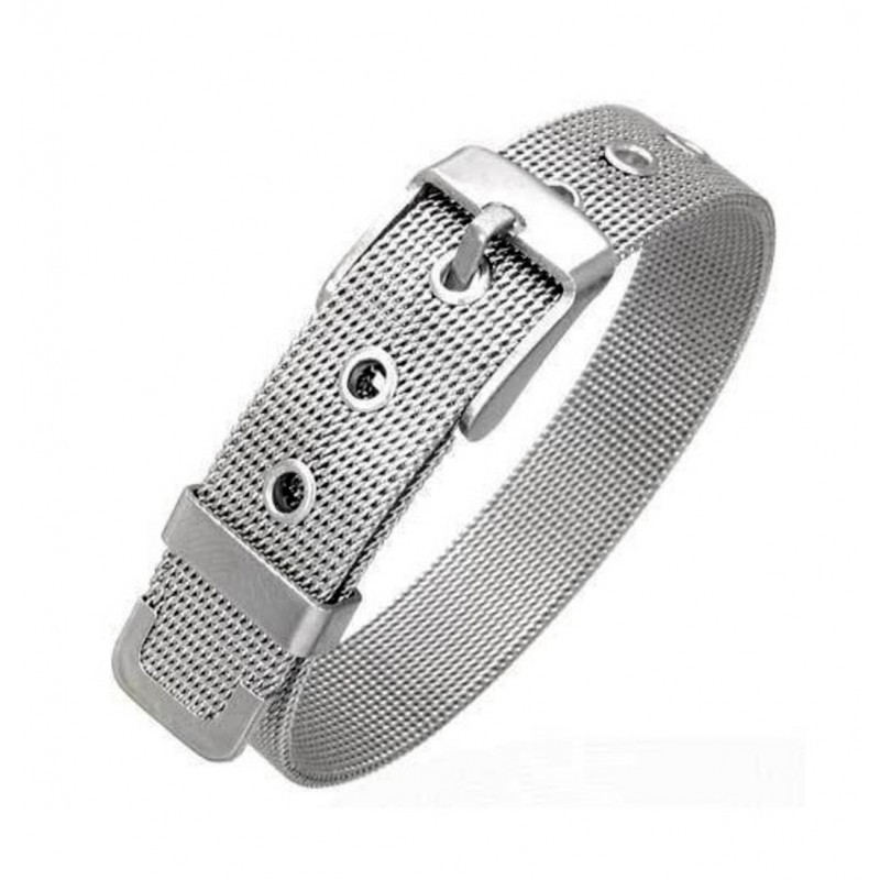 Brazalete de acero inoxidable para mujer con diseño de hebilla de cinturón funcional y acabado plateado brillante.