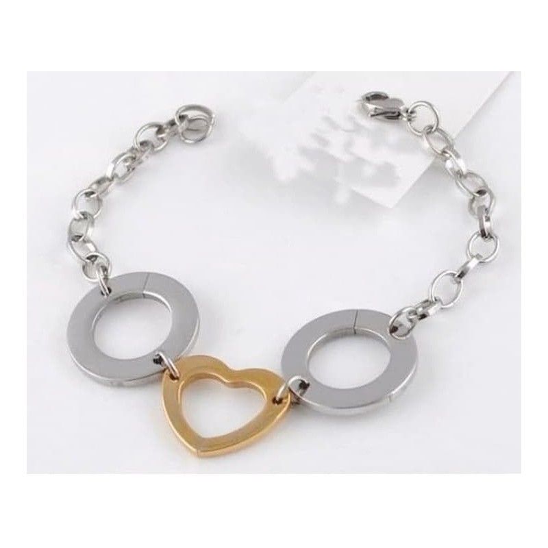 Pulsera para mujer con diseño de círculos entrelazados en dos tonos, dorado y plateado, de acero inoxidable.