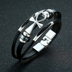 Brazalete para hombre de cuero negro trenzado con placa de acero y símbolo egipcio Ankh.
