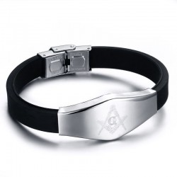 Brazalete para hombre de goma negra con placa central de acero grabada con el símbolo masónico.