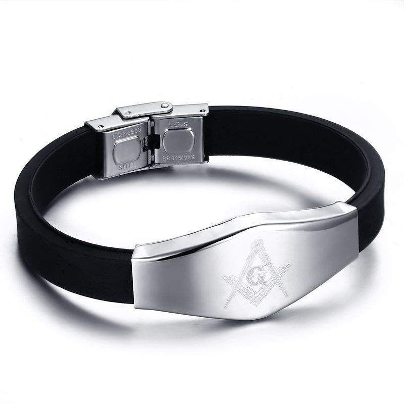 Brazalete para hombre de goma negra con placa central de acero grabada con el símbolo masónico.