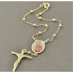 Pulsera tipo rosario para mujer con medalla de la Virgen María y cruz, fabricada en acero con baño de oro de 18 quilates.