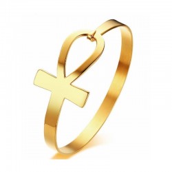 Pulsera de acero inoxidable con el amuleto egipcio Ankh (Llave de la Vida) en acabado dorado pulido espejo.