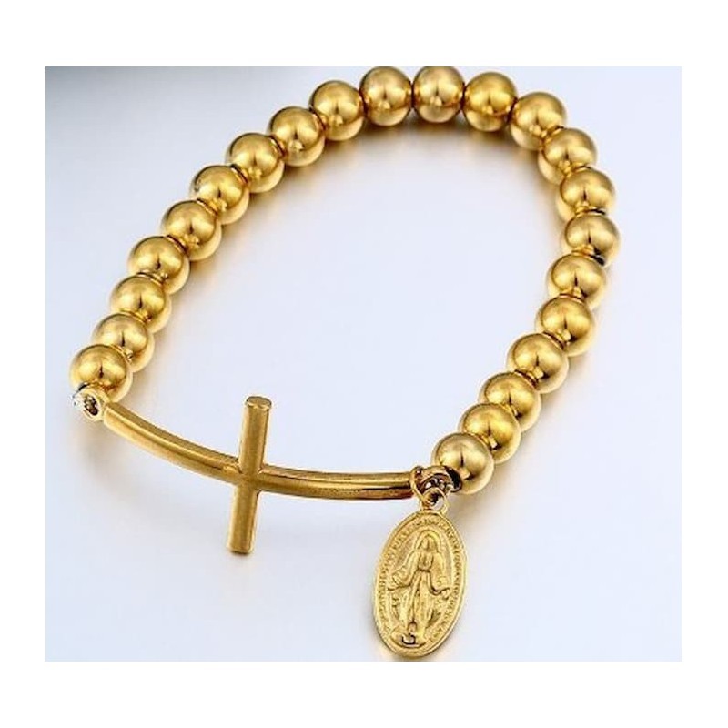 Pulsera de cuentas de acero inoxidable para mujer con medalla circular de la Virgen María y acabado pulido espejo.