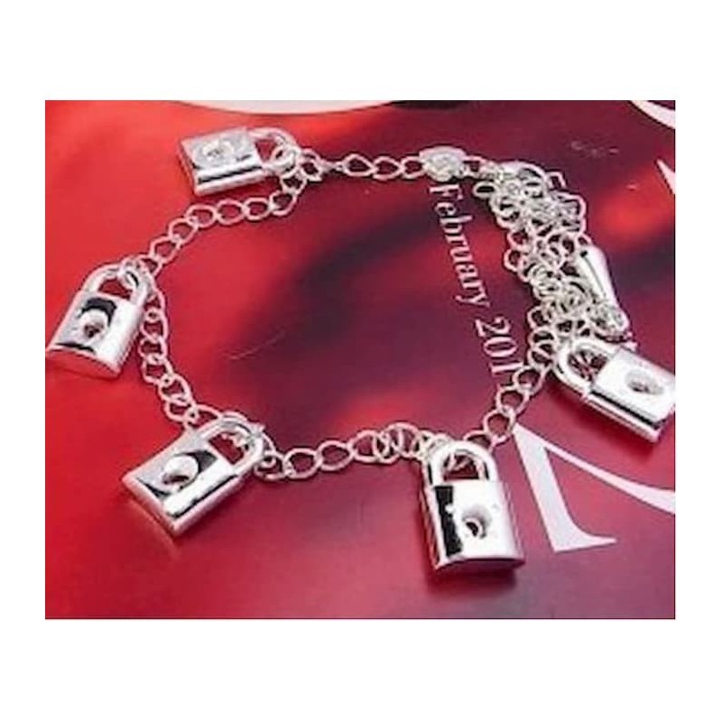 Pulsera de eslabones de acero inoxidable para mujer con dijes de candados chapados en plata y acabado pulido espejo.