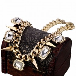 Collar de fiesta para mujer con grandes piedras de cristal blanco facetado y cadena de eslabones chapada en oro