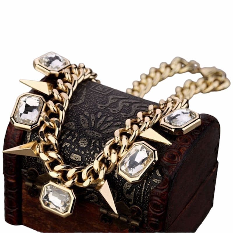 Collar de fiesta para mujer con grandes piedras de cristal blanco facetado y cadena de eslabones chapada en oro