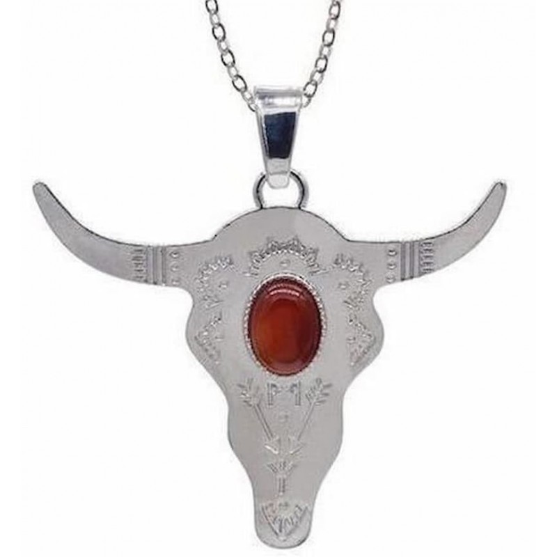 Gargantilla de acero inoxidable con chapado en plata 925, detalles de piedras facetadas y colgante de inspiración taurina.