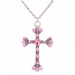 Gargantilla de acero inoxidable bañada en plata con colgante en forma de cruz decorado con piedras de color rosa engastadas.