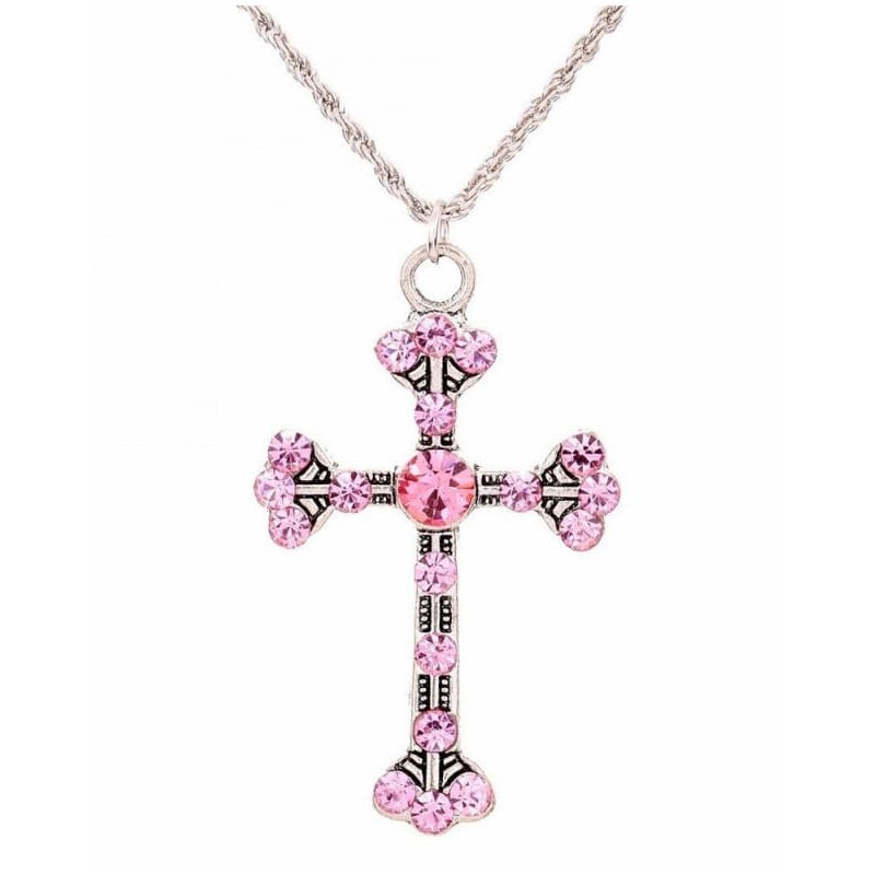 Gargantilla de acero inoxidable bañada en plata con colgante en forma de cruz decorado con piedras de color rosa engastadas.