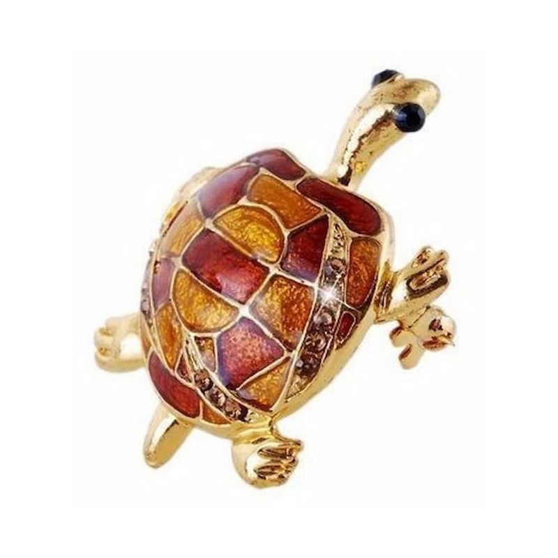 Broche ornamental de acero inoxidable con baño de oro en forma de tortuga con incrustaciones de cristales en el caparazón.