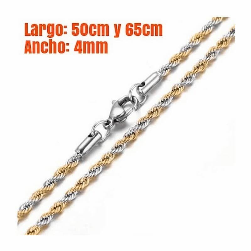 Cadena de acero inoxidable antialérgico con diseño de dos colores (oro y plata) y 4 milímetros de ancho.