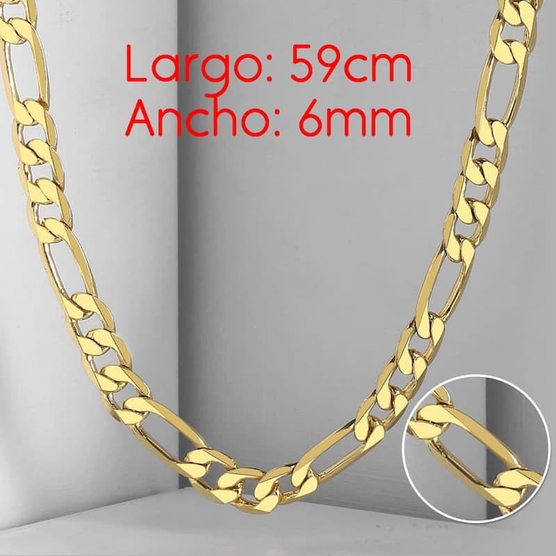 Collar de acero inoxidable con baño de oro, diseño de eslabones Fígaro de 6 milímetros de ancho y 59 cm de longitud.