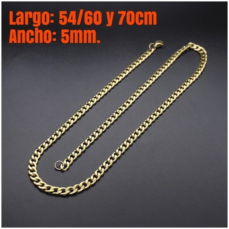 Cadena de acero inoxidable con baño de oro de 14 quilates disponible en longitudes de 54, 60 y 70 centímetros.
